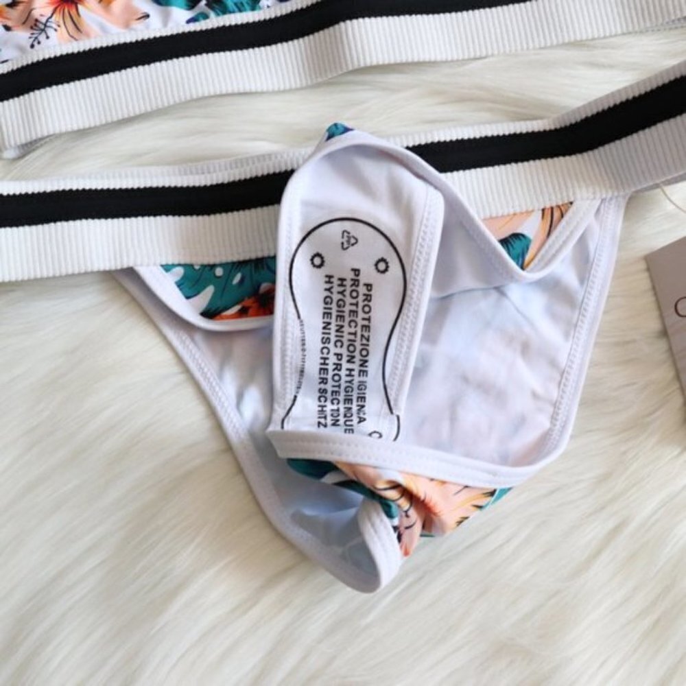 NEW White Green Leafy Palm Floral Bikini Bathing Suit Set Size Medium - Picture 4 of 8